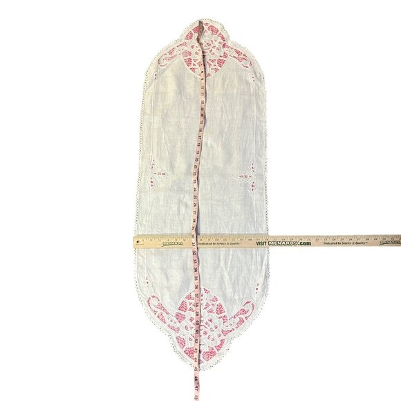 Vintage Linen Table Runner Cream Pink Cutwork Embroidered Floral Lace 45” Used - Picture 9 of 16